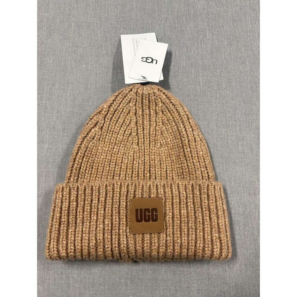 UGG Chunky Rib Beanie Cuffed Knit Mens One Size Camel Brown Wool Blend NWT